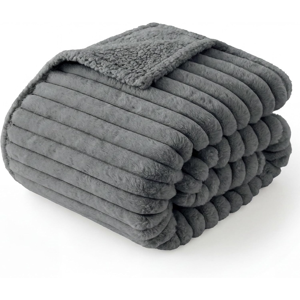 image:imageBedsure ComfyFleece Waterproof Blanket for Bed Twin60x80 Cream  Soft Plush Couch Bed Cover Corduroy Fleece for Furniture Protector Cozy Calming Reversible Dog Blankets for Large Dogs PetWarm Grey