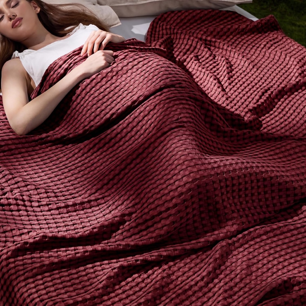 image:imageBedsure Cooling Cotton Waffle Full Size Blanket Lightweight Breathable Blanket of Rayon Derived from Bamboo for Hot Sleepers Luxury Throws for Bed Couch and Sofa Ivory 80x90 InchesDark Red