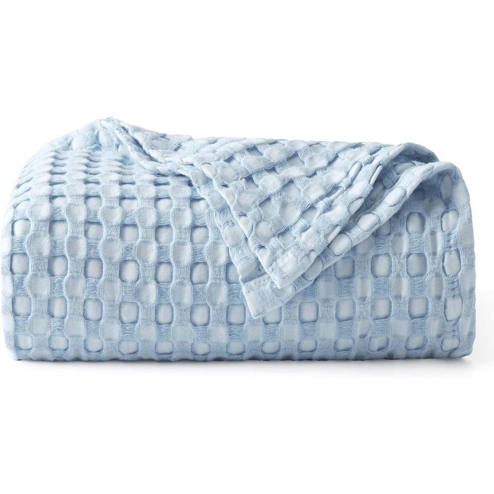image:imageBedsure Cooling Cotton Waffle Full Size Blanket Lightweight Breathable Blanket of Rayon Derived from Bamboo for Hot Sleepers Luxury Throws for Bed Couch and Sofa Ivory 80x90 InchesLight Blue