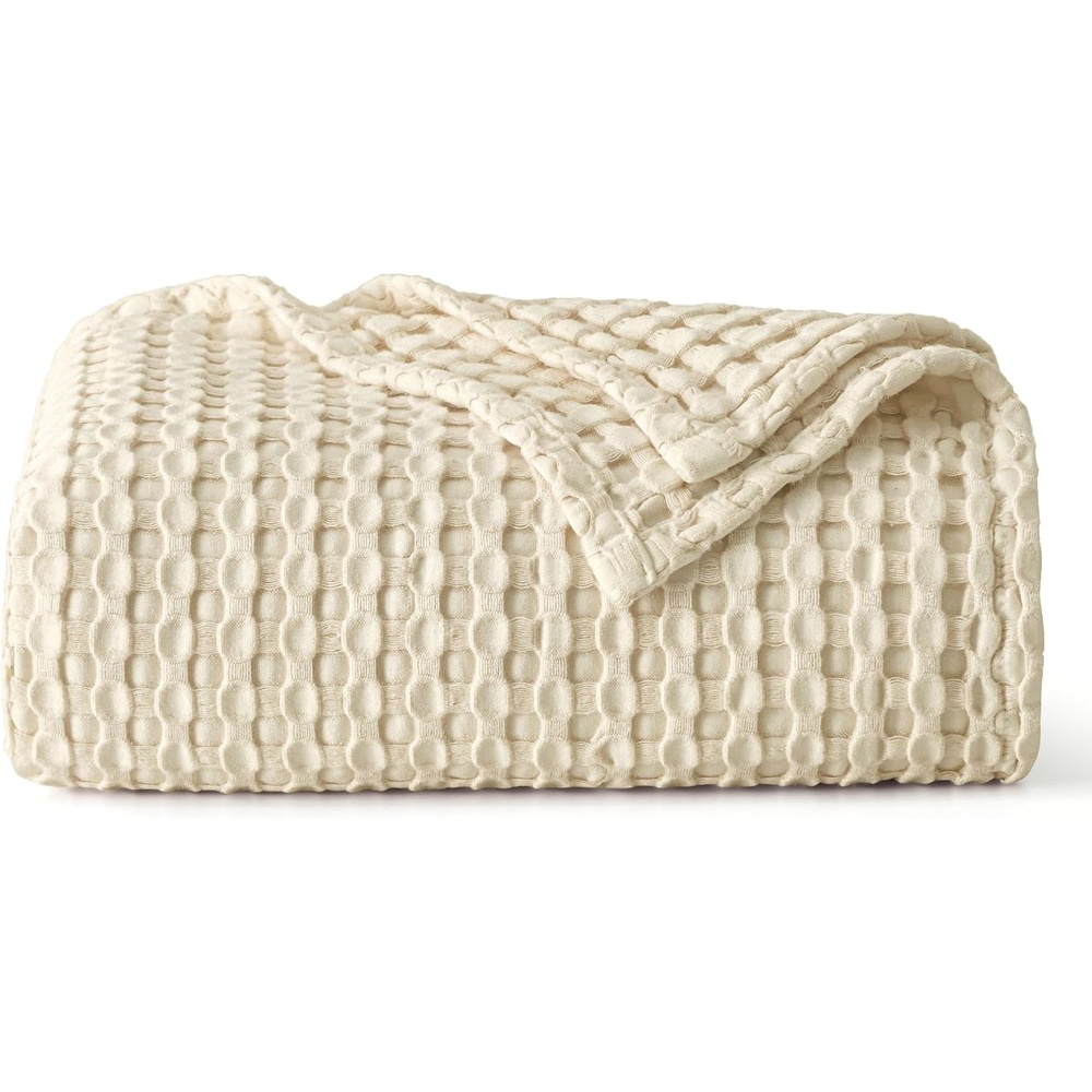 image:imageBedsure Cooling Cotton Waffle Full Size Blanket  Lightweight Breathable Blanket of Rayon Derived from Bamboo for Hot Sleepers Luxury Throws for Bed Couch and Sofa Ivory 80x90 InchesBeige