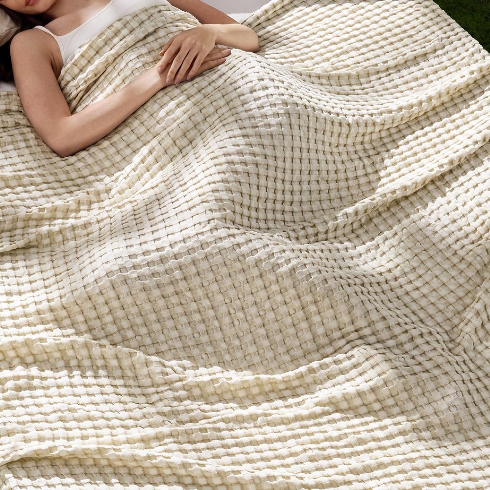 image:imageBedsure Cooling Cotton Waffle Full Size Blanket Lightweight Breathable Blanket of Rayon Derived from Bamboo for Hot Sleepers Luxury Throws for Bed Couch and Sofa Ivory 80x90 InchesLinen