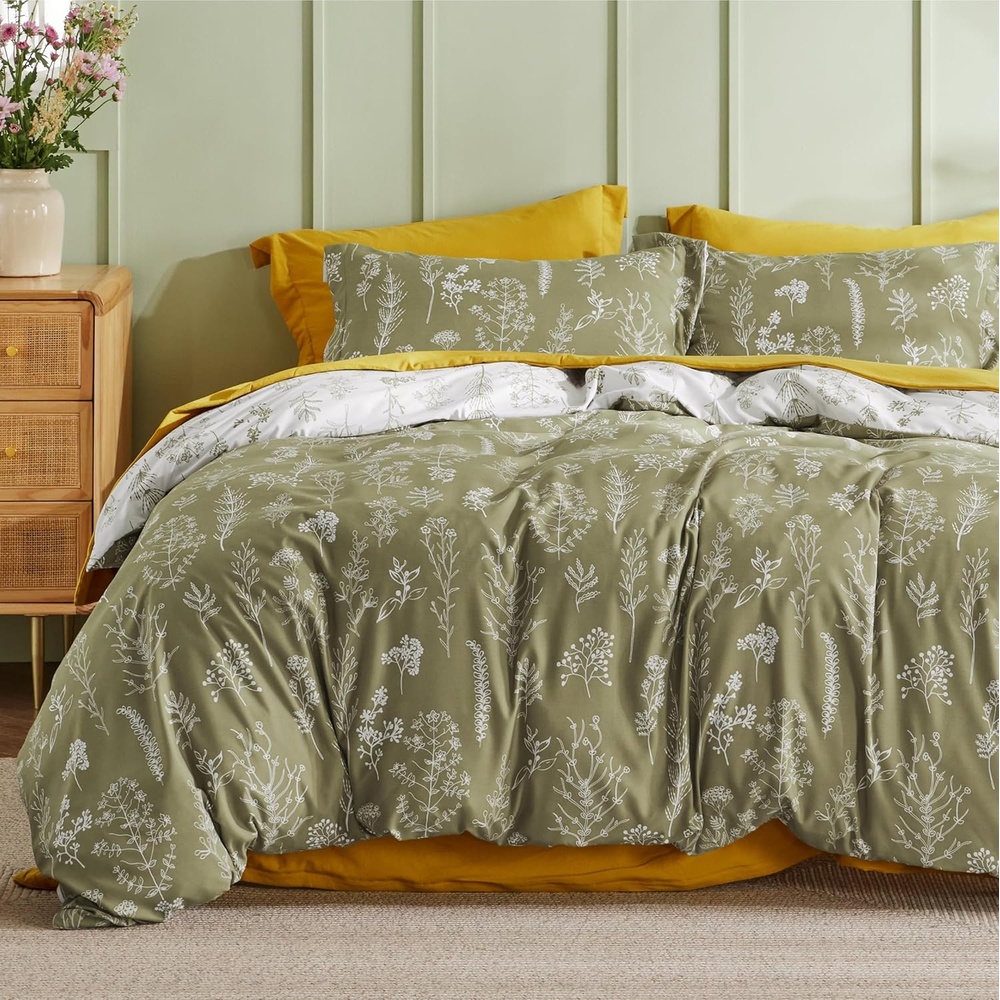 image:imageBedsure Duvet Cover King Size Reversible Navy Blue King Duvet Cover Set with Zipper Closure 3 Pieces Floral Patterned Bedding Set with 8 Corner Ties and 2 Pillow Shams20 Olive Green No Comforter