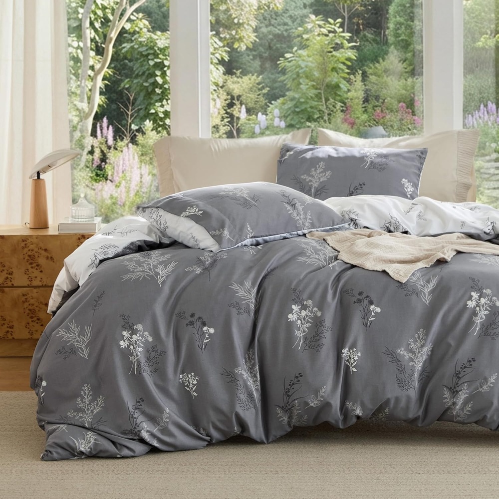 image:imageBedsure Duvet Cover King Size Reversible Navy Blue King Duvet Cover Set with Zipper Closure 3 Pieces Floral Patterned Bedding Set with 8 Corner Ties and 2 Pillow Shams00 GreyWhite No Comforter