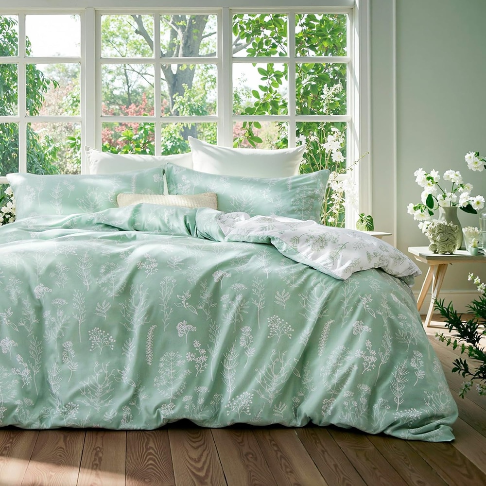 image:imageBedsure Duvet Cover King Size Reversible Navy Blue King Duvet Cover Set with Zipper Closure 3 Pieces Floral Patterned Bedding Set with 8 Corner Ties and 2 Pillow Shams03 Sage Green No Comforter