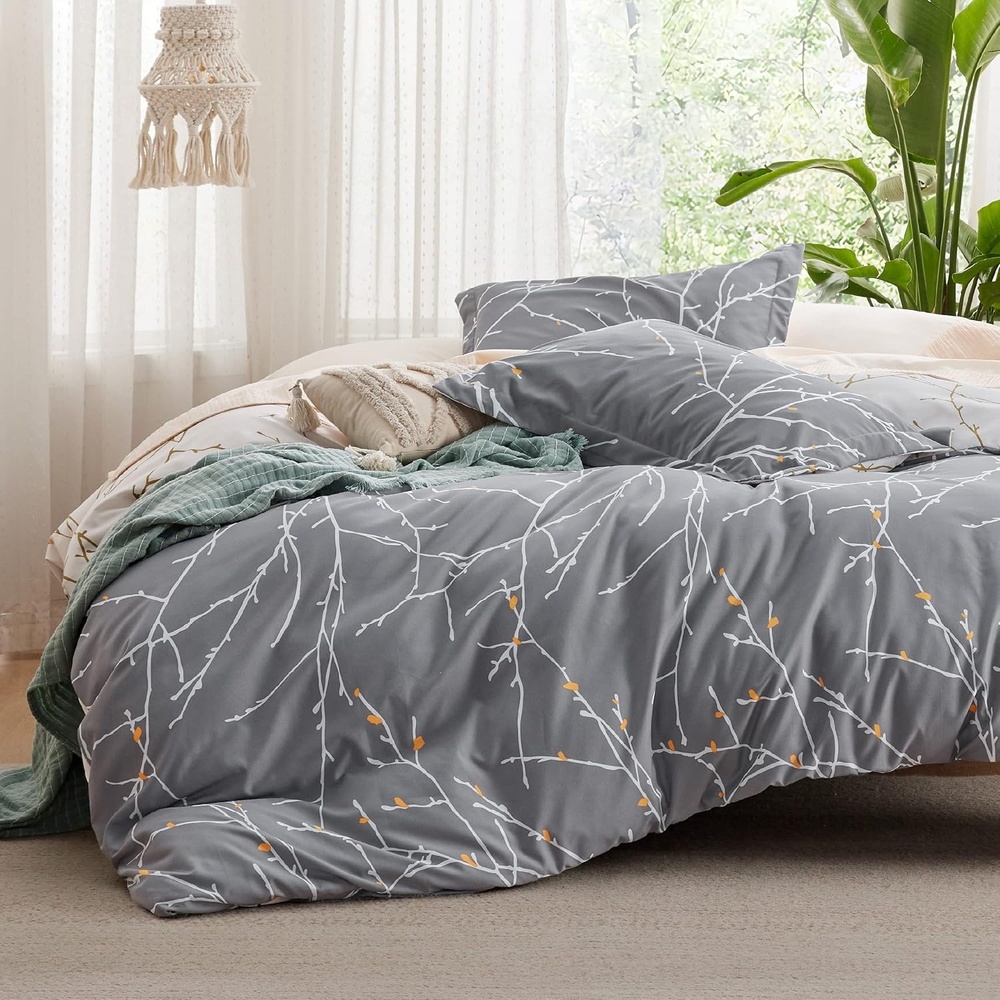 image:imageBedsure Duvet Cover King Size Reversible Navy Blue King Duvet Cover Set with Zipper Closure 3 Pieces Floral Patterned Bedding Set with 8 Corner Ties and 2 Pillow Shams11 GreyIvory No Comforter