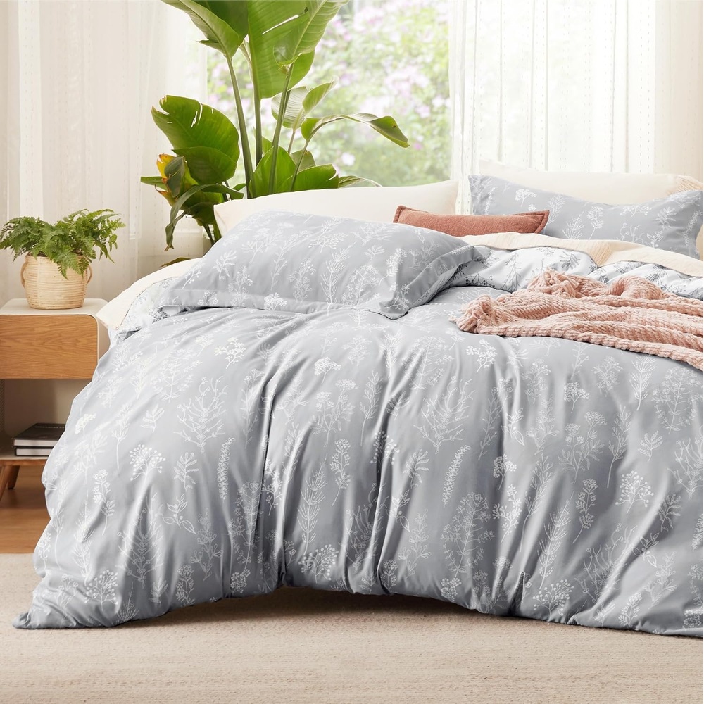 image:imageBedsure Duvet Cover King Size Reversible Navy Blue King Duvet Cover Set with Zipper Closure 3 Pieces Floral Patterned Bedding Set with 8 Corner Ties and 2 Pillow Shams22 Grey No Comforter