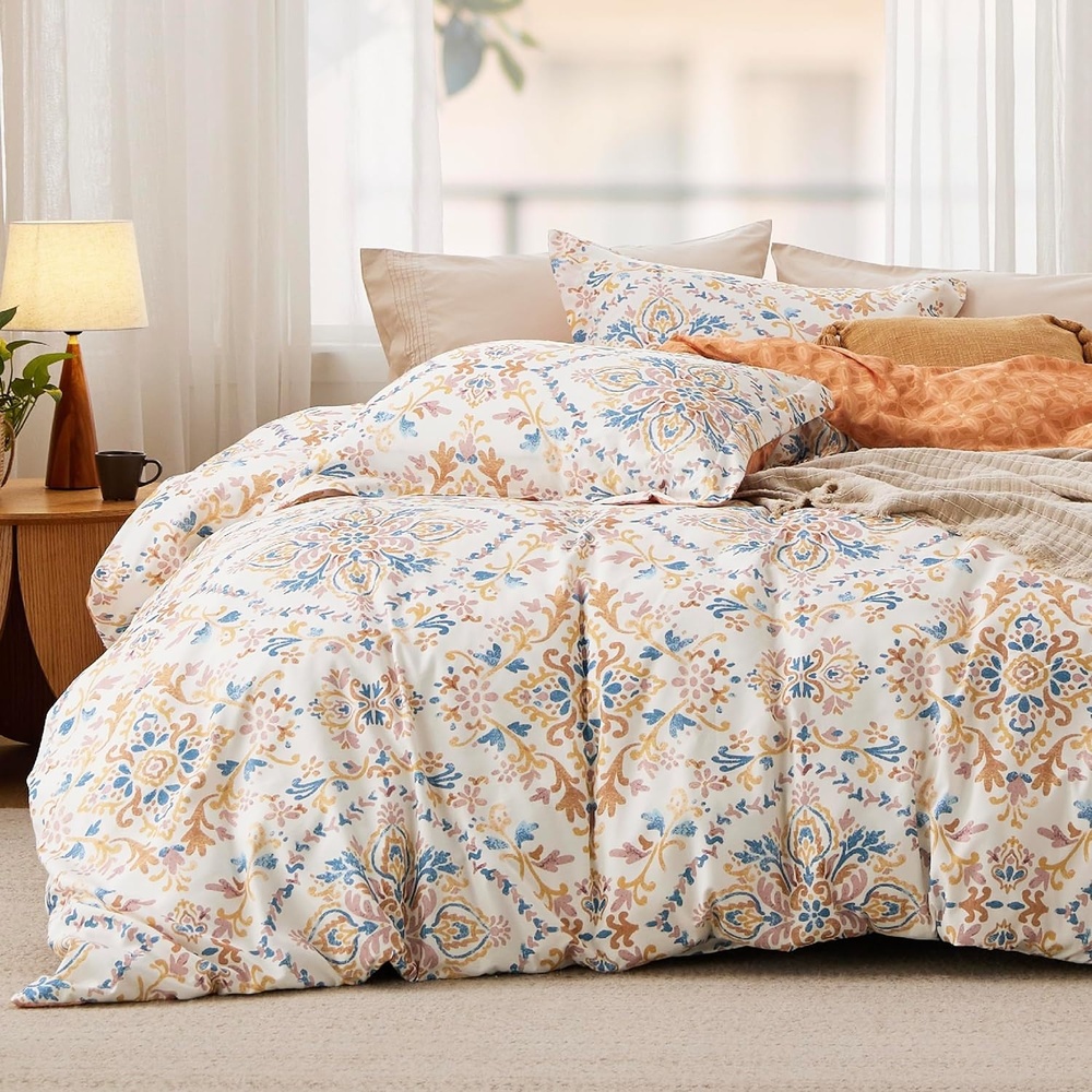image:imageBedsure Duvet Cover King Size Reversible Navy Blue King Duvet Cover Set with Zipper Closure 3 Pieces Floral Patterned Bedding Set with 8 Corner Ties and 2 Pillow Shams13 Apricot Buff No Comforter