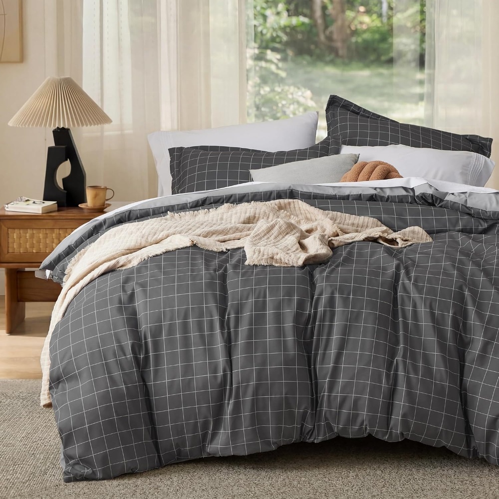 image:imageBedsure Duvet Cover King Size Reversible Navy Blue King Duvet Cover Set with Zipper Closure 3 Pieces Floral Patterned Bedding Set with 8 Corner Ties and 2 Pillow Shams12 Dark Grey No Comforter