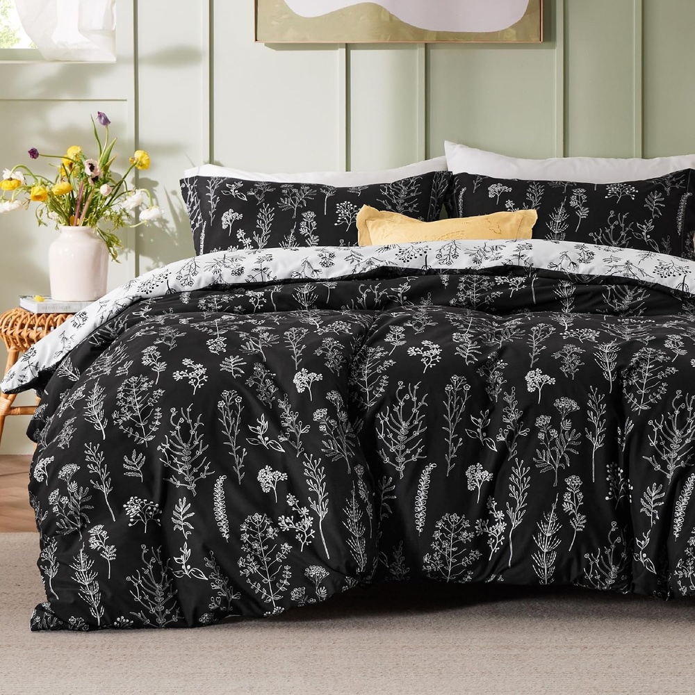 image:imageBedsure Duvet Cover King Size Reversible Navy Blue King Duvet Cover Set with Zipper Closure 3 Pieces Floral Patterned Bedding Set with 8 Corner Ties and 2 Pillow Shams23 Black No Comforter
