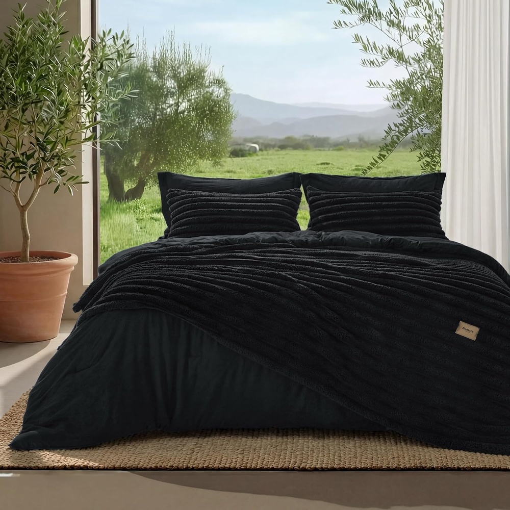 image:imageBedsure Gentlesoft 2in1 Queen Comforter Set and Detachable Fluffy Blanket Beige Bedding Set for All Season Use Detachable Design for Space Saving Includes 2 Pillow Shams 2 Pillowcases04 Black