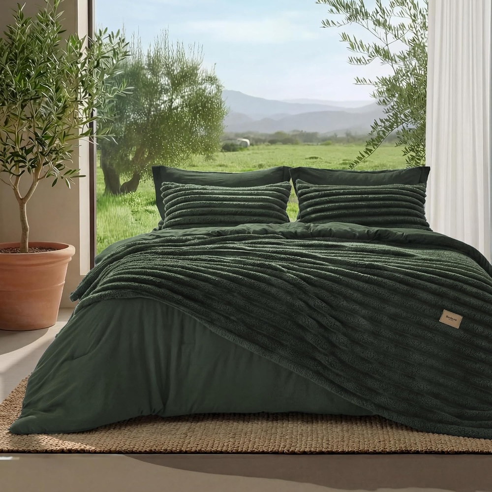 image:imageBedsure Gentlesoft 2in1 Queen Comforter Set and Detachable Fluffy Blanket Beige Bedding Set for All Season Use Detachable Design for Space Saving Includes 2 Pillow Shams 2 Pillowcases03 Olive Green