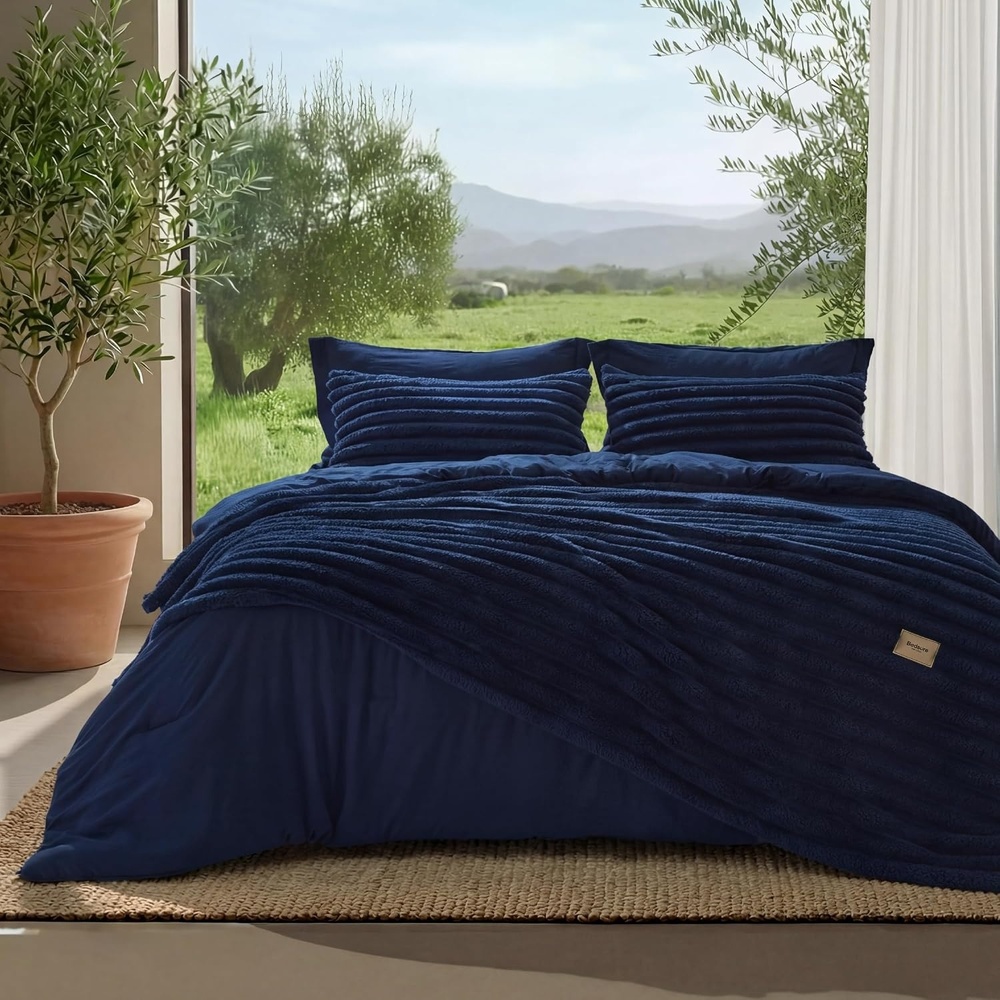 image:imageBedsure Gentlesoft 2in1 Queen Comforter Set and Detachable Fluffy Blanket Beige Bedding Set for All Season Use Detachable Design for Space Saving Includes 2 Pillow Shams 2 Pillowcases05 Navy Blue