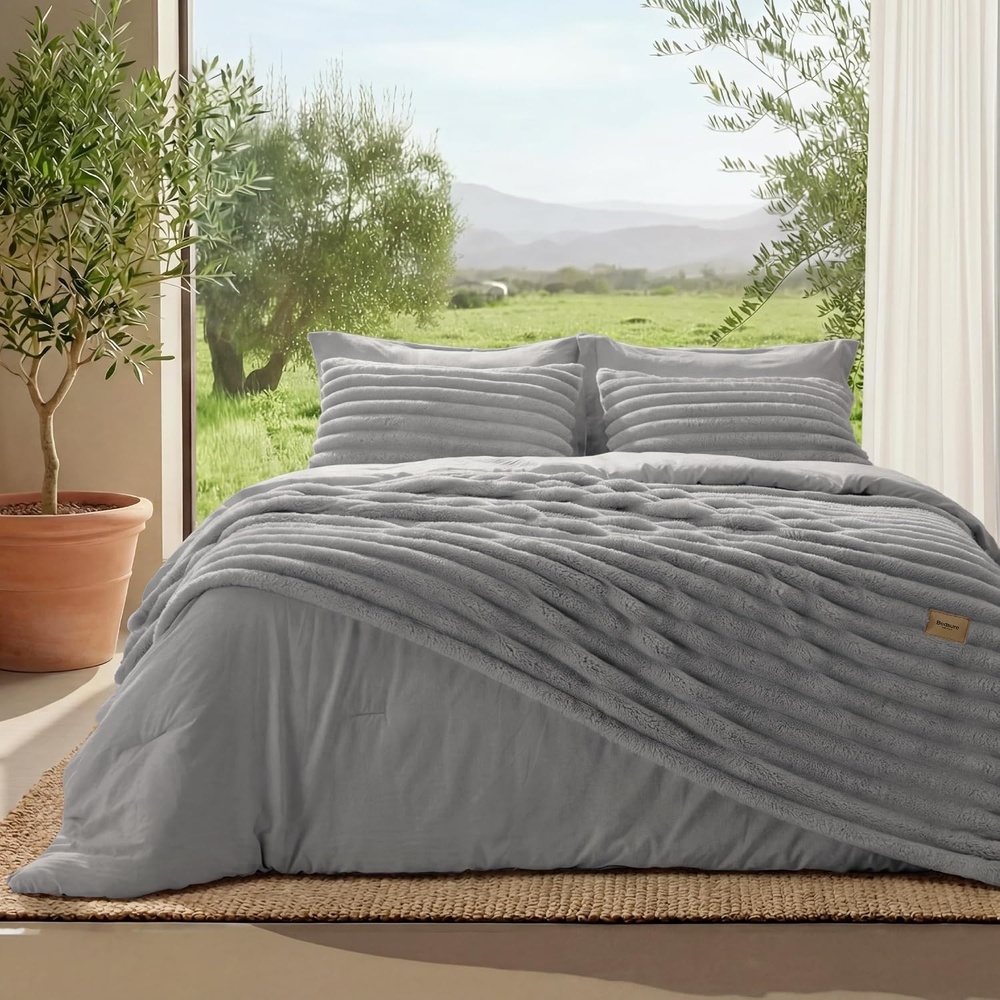 image:imageBedsure Gentlesoft 2in1 Queen Comforter Set and Detachable Fluffy Blanket Beige Bedding Set for All Season Use Detachable Design for Space Saving Includes 2 Pillow Shams 2 Pillowcases07 Grey