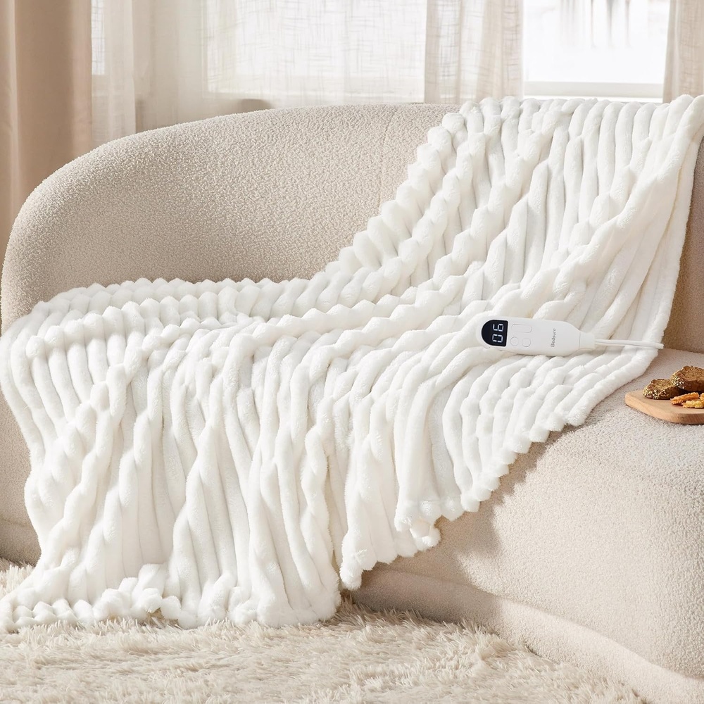 image:imageBedsure Heated Blanket Electric Throw Thick Striped Fast Heating Electric Blanket with Preheat Function 6 Heat amp 6 Timer Up to 10H 8H Auto Off ETL Certified Gifts for Women 50x60 White01 White