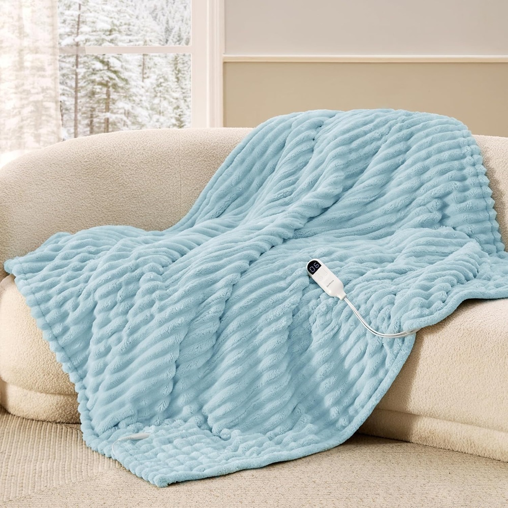 image:imageBedsure Heated Blanket Electric Throw  Thick Striped Fast Heating Electric Blanket with Preheat Function 6 Heat amp 6 Timer Up to 10H 8H Auto Off ETL Certified Gifts for Women 50x60 White05  Light Blue