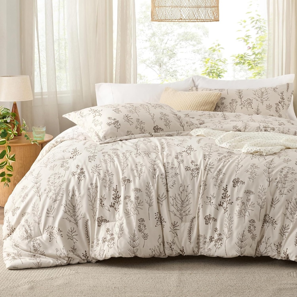 image:imageBedsure Light Grey Queen Comforter Set Reversible Floral Bed Set Soft Summer Lightweight Bedding for Bedroom 1 Soft Botanical Flowers Comforter and 2 Pillow Shams28 Natural