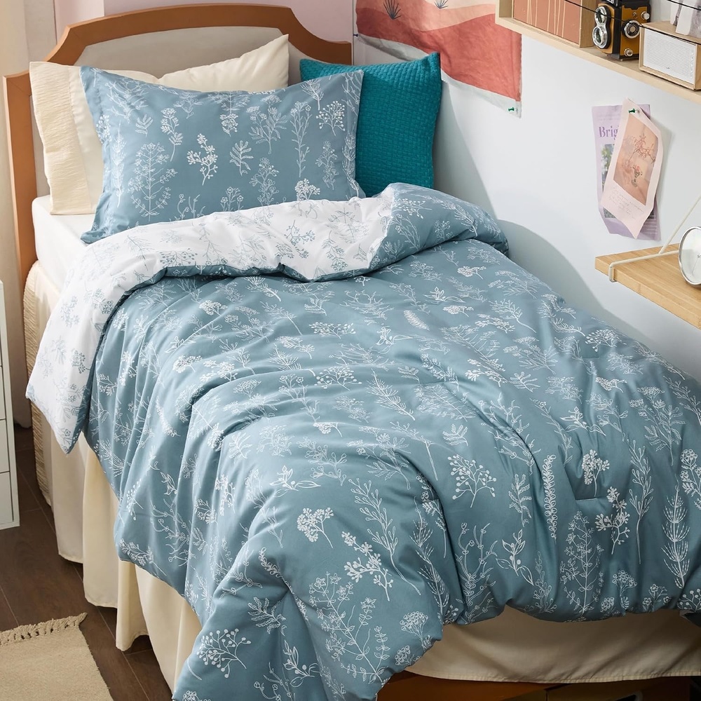 image:imageBedsure Light Grey Queen Comforter Set  Reversible Floral Bed Set Soft Summer Lightweight Bedding for Bedroom 1 Soft Botanical Flowers Comforter and 2 Pillow Shams11  Mineral Blue