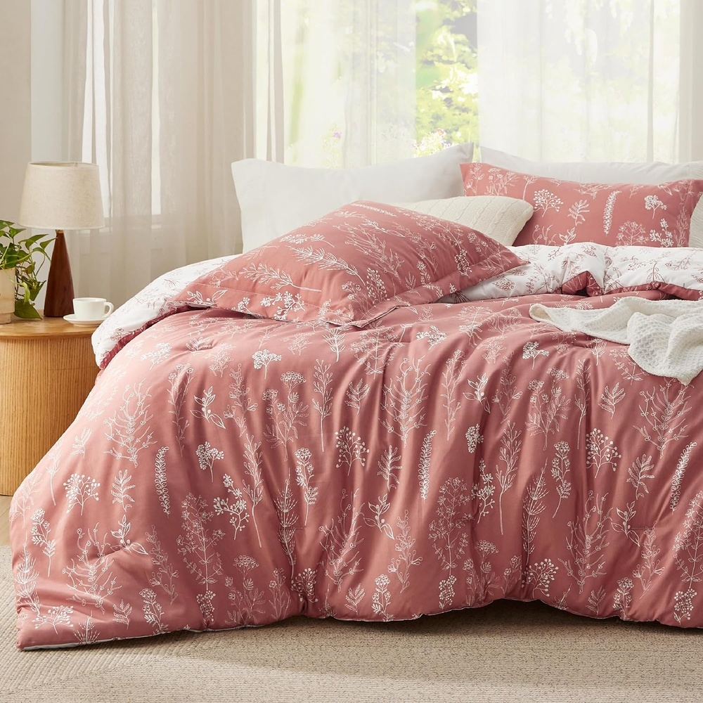 image:imageBedsure Light Grey Queen Comforter Set  Reversible Floral Bed Set Soft Summer Lightweight Bedding for Bedroom 1 Soft Botanical Flowers Comforter and 2 Pillow Shams08  Pink Clay