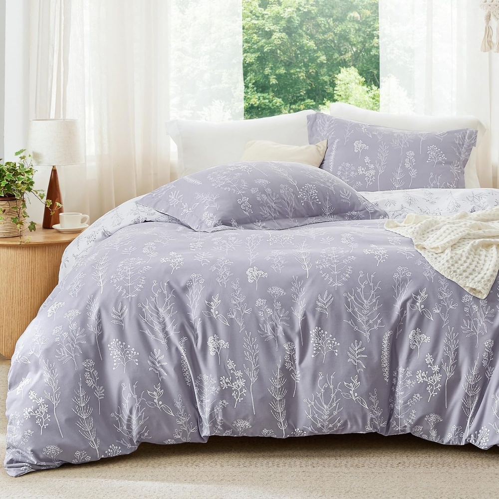 image:imageBedsure Light Grey Queen Comforter Set  Reversible Floral Bed Set Soft Summer Lightweight Bedding for Bedroom 1 Soft Botanical Flowers Comforter and 2 Pillow Shams06  Lavender