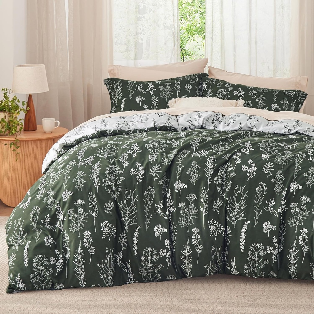image:imageBedsure Light Grey Queen Comforter Set  Reversible Floral Bed Set Soft Summer Lightweight Bedding for Bedroom 1 Soft Botanical Flowers Comforter and 2 Pillow Shams25  Dark Olive Green
