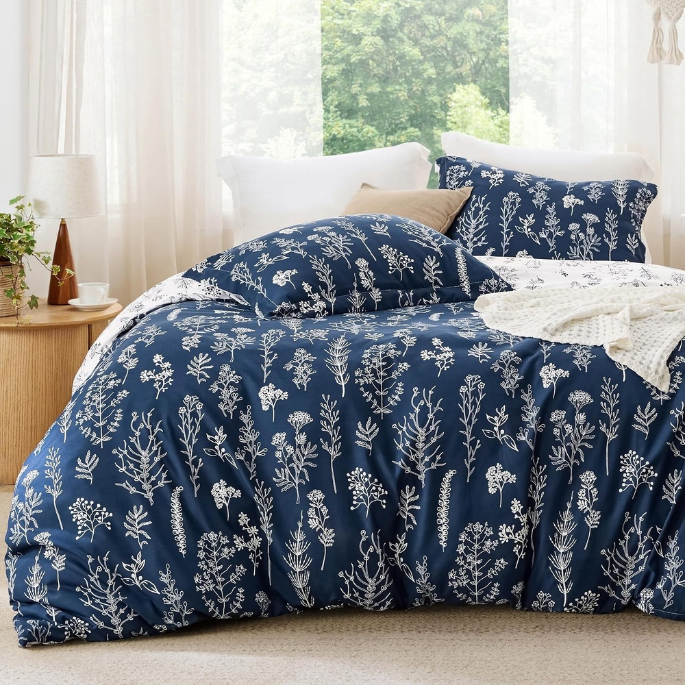 image:imageBedsure Light Grey Queen Comforter Set Reversible Floral Bed Set Soft Summer Lightweight Bedding for Bedroom 1 Soft Botanical Flowers Comforter and 2 Pillow Shams14 Navy