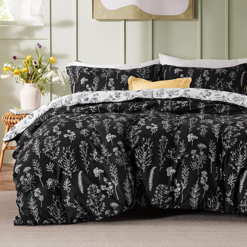 image:imageBedsure Light Grey Queen Comforter Set  Reversible Floral Bed Set Soft Summer Lightweight Bedding for Bedroom 1 Soft Botanical Flowers Comforter and 2 Pillow Shams22  Black
