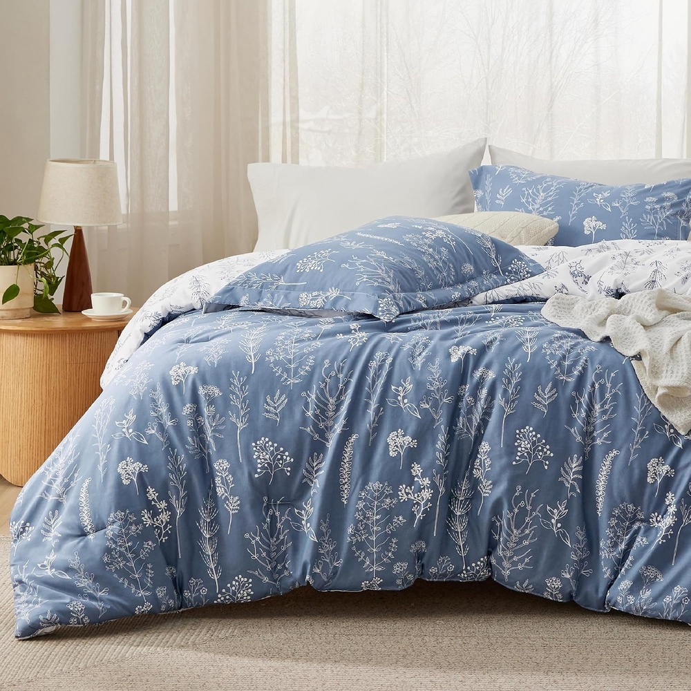 image:imageBedsure Light Grey Queen Comforter Set  Reversible Floral Bed Set Soft Summer Lightweight Bedding for Bedroom 1 Soft Botanical Flowers Comforter and 2 Pillow Shams13  Infinity Blue