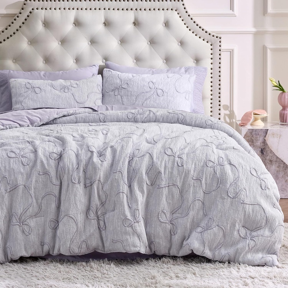 image:imageBedsure Pink King Size Comforter Set GentleSoft 3 Pieces Breathable Bow Comforter Set Women with 2 Pillow Shams Cute King Bedding Set Pink Room Decor Aesthetic Bedroom Decor 104x90 Inches01 Bow Light Purple