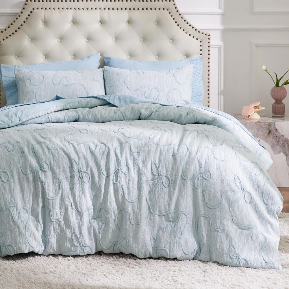 image:imageBedsure Pink King Size Comforter Set GentleSoft 3 Pieces Breathable Bow Comforter Set Women with 2 Pillow Shams Cute King Bedding Set Pink Room Decor Aesthetic Bedroom Decor 104x90 Inches01 Bow Dusty Blue