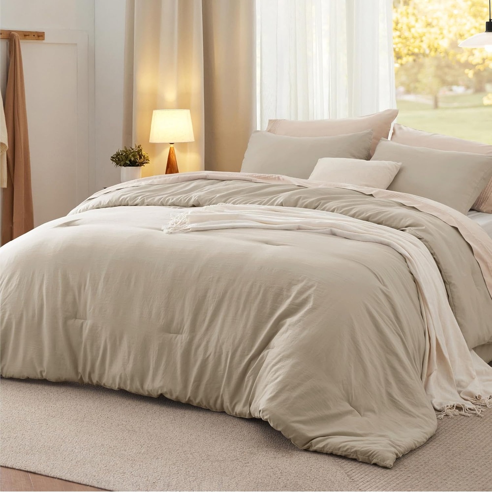 image:imageBedsure Queen Comforter Set Dark Gray Soft Prewashed Bedding for All Seasons 3 Pieces GentleSoft Bed Set 1 Lightweight Comforter 90x90 and 2 Pillowcases 20x2623 Sand