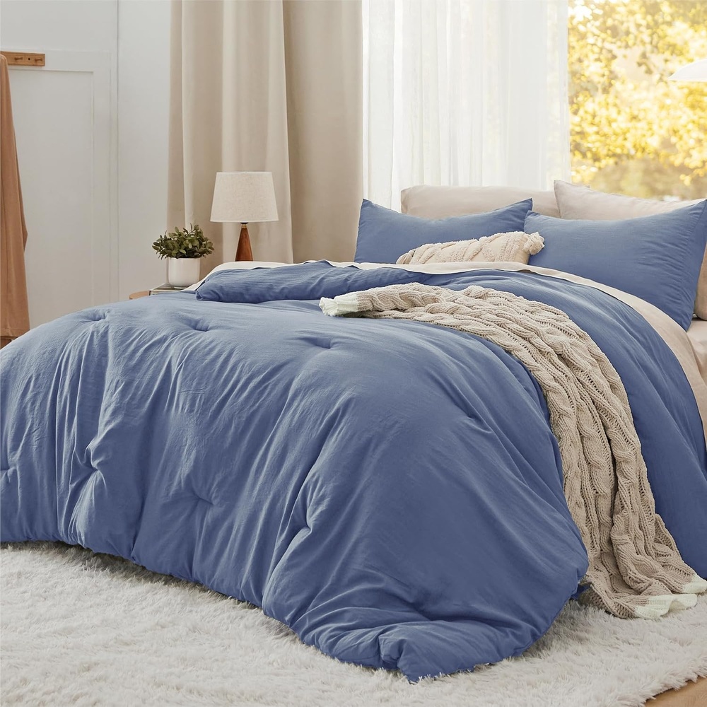 image:imageBedsure Queen Comforter Set Dark Gray Soft Prewashed Bedding for All Seasons 3 Pieces GentleSoft Bed Set 1 Lightweight Comforter 90x90 and 2 Pillowcases 20x2622 Blue