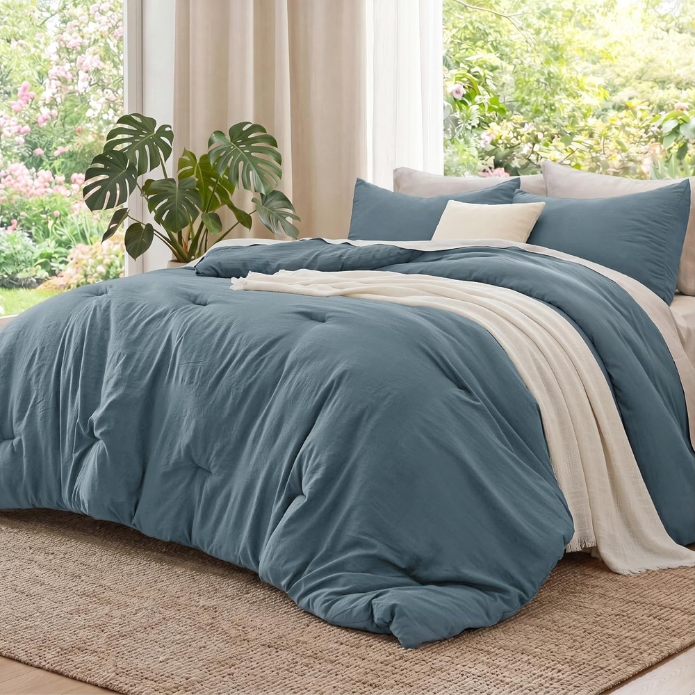 image:imageBedsure Queen Comforter Set Dark Gray Soft Prewashed Bedding for All Seasons 3 Pieces GentleSoft Bed Set 1 Lightweight Comforter 90x90 and 2 Pillowcases 20x2607  Slate Blue