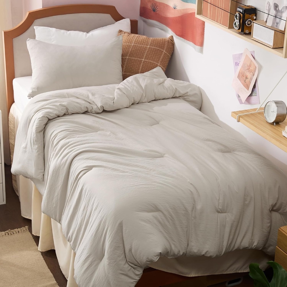 image:imageBedsure Queen Comforter Set Dark Gray Soft Prewashed Bedding for All Seasons 3 Pieces GentleSoft Bed Set 1 Lightweight Comforter 90x90 and 2 Pillowcases 20x2601 Beige