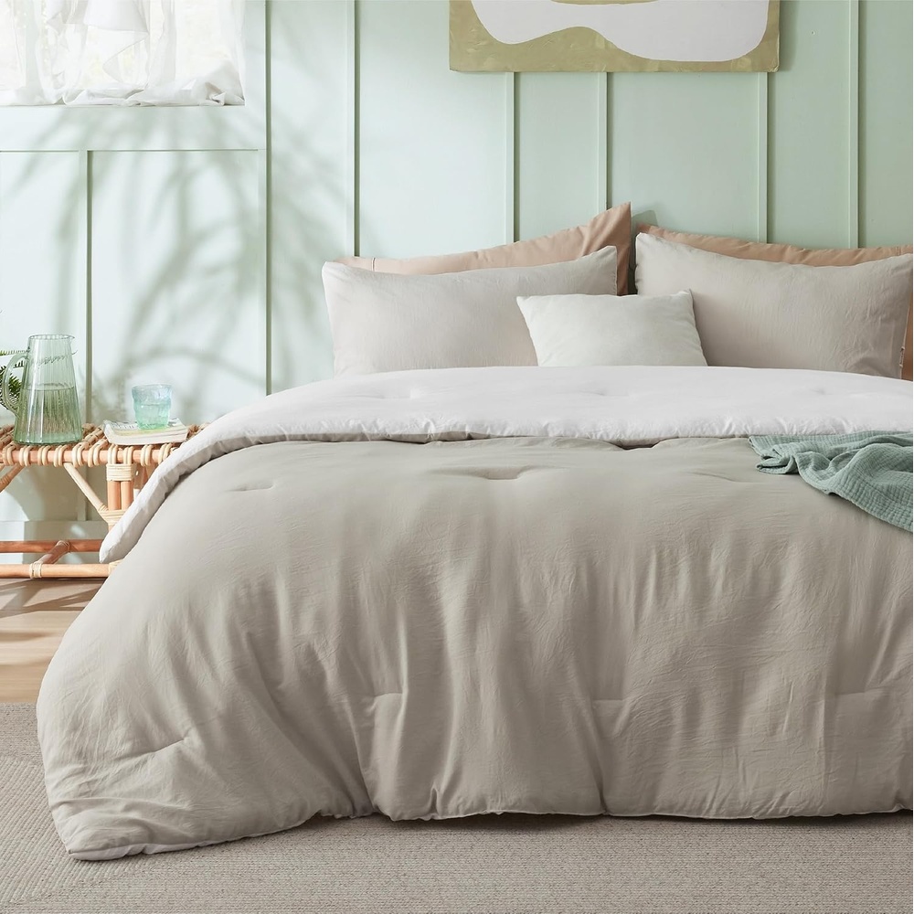 image:imageBedsure Queen Comforter Set Dark Gray Soft Prewashed Bedding for All Seasons 3 Pieces GentleSoft Bed Set 1 Lightweight Comforter 90x90 and 2 Pillowcases 20x2629  BeigeWhite