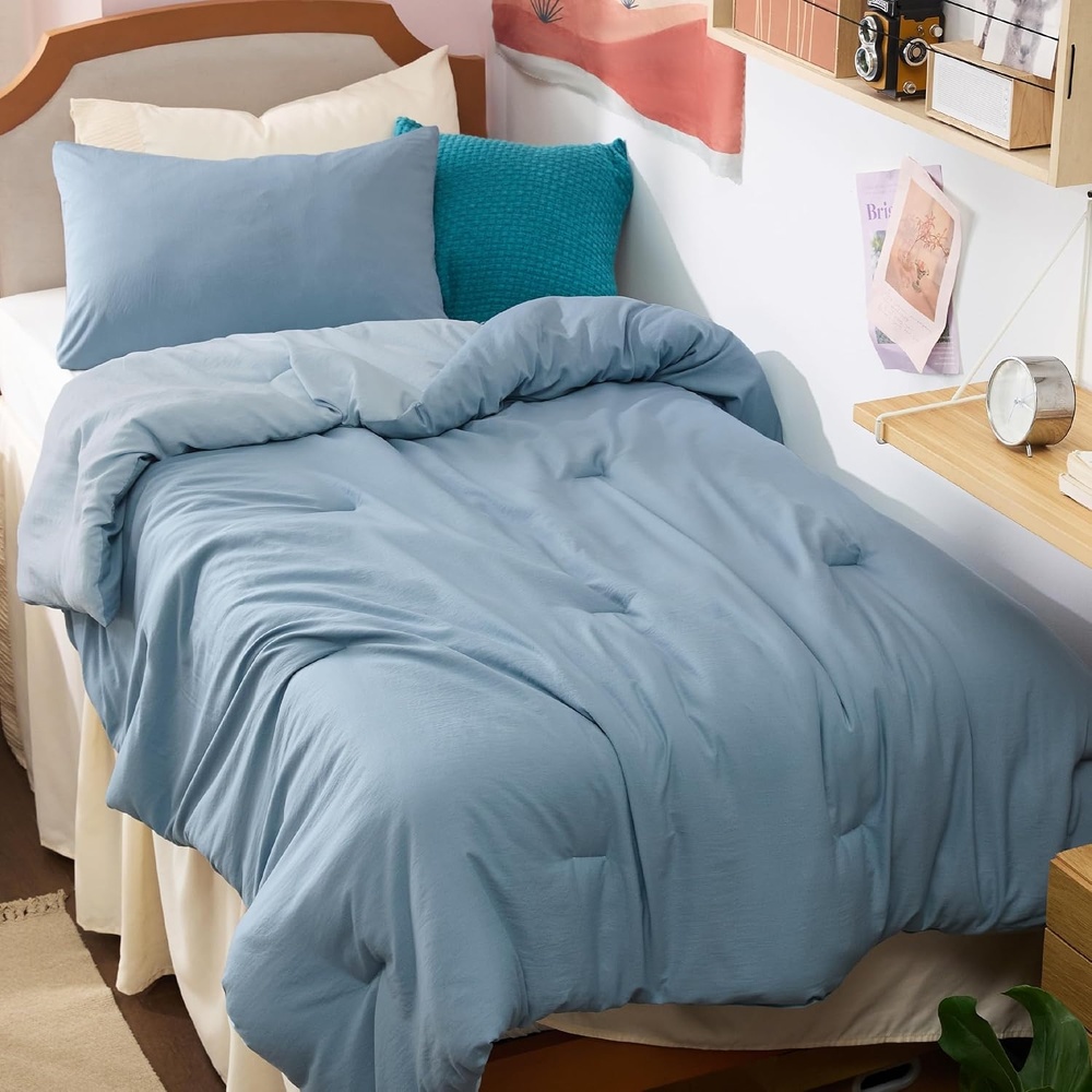 image:imageBedsure Queen Comforter Set Dark Gray Soft Prewashed Bedding for All Seasons 3 Pieces GentleSoft Bed Set 1 Lightweight Comforter 90x90 and 2 Pillowcases 20x2633  Mineral BlueSky