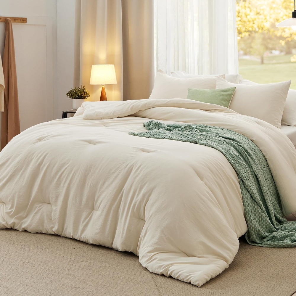 image:imageBedsure Queen Comforter Set Dark Gray Soft Prewashed Bedding for All Seasons 3 Pieces GentleSoft Bed Set 1 Lightweight Comforter 90x90 and 2 Pillowcases 20x2608 Cream