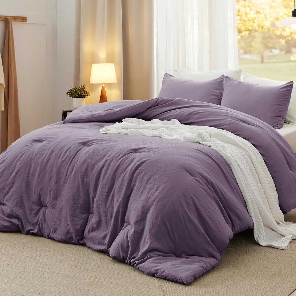 image:imageBedsure Queen Comforter Set Dark Gray Soft Prewashed Bedding for All Seasons 3 Pieces GentleSoft Bed Set 1 Lightweight Comforter 90x90 and 2 Pillowcases 20x2610 Grayish Purple