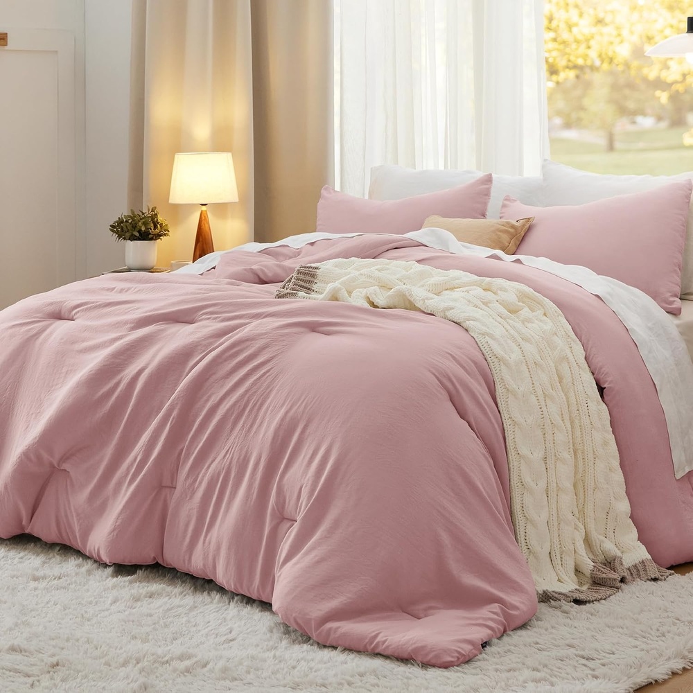 image:imageBedsure Queen Comforter Set Dark Gray Soft Prewashed Bedding for All Seasons 3 Pieces GentleSoft Bed Set 1 Lightweight Comforter 90x90 and 2 Pillowcases 20x2614  Rose Pink