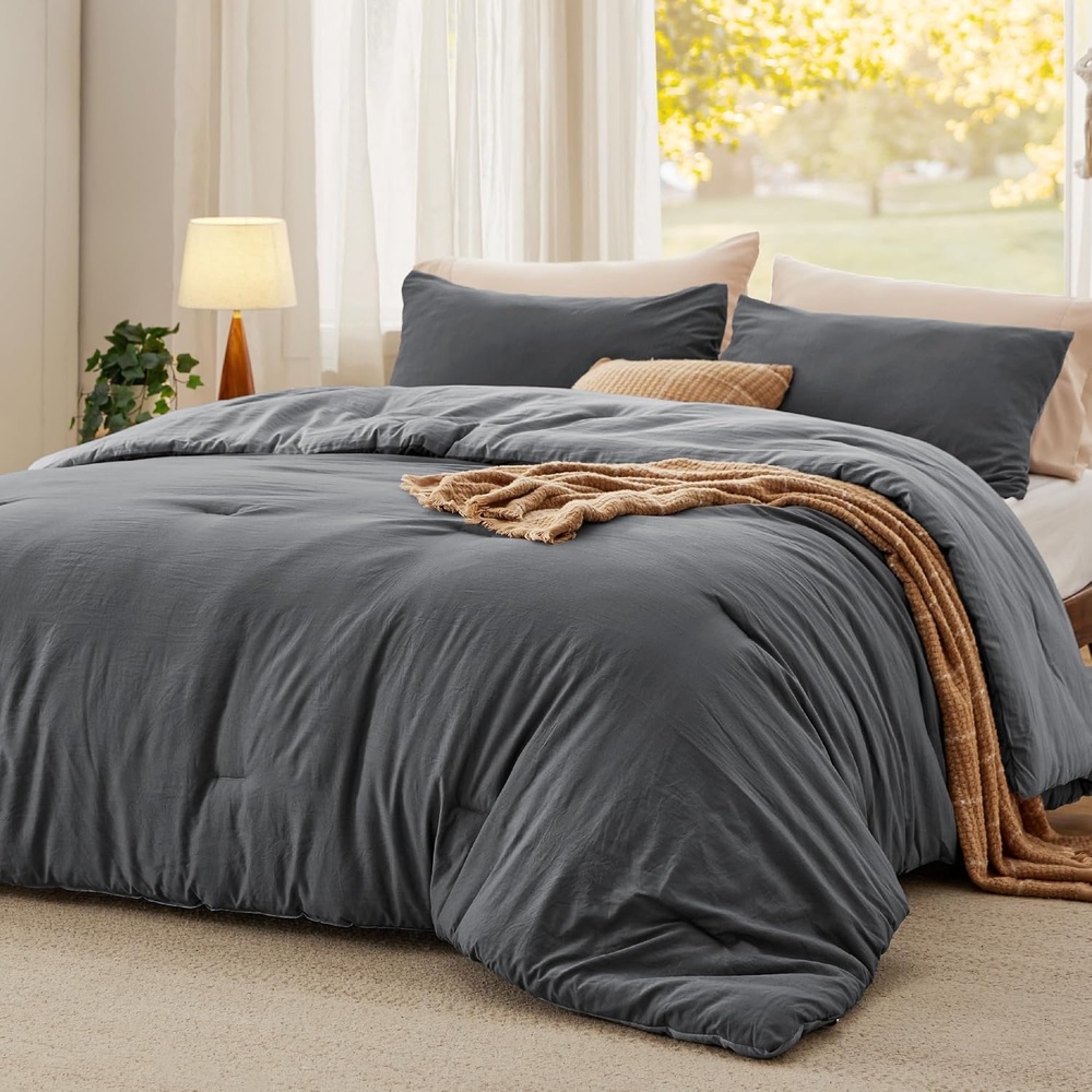 image:imageBedsure Queen Comforter Set Dark Gray Soft Prewashed Bedding for All Seasons 3 Pieces GentleSoft Bed Set 1 Lightweight Comforter 90x90 and 2 Pillowcases 20x2636  Dark GrayGray