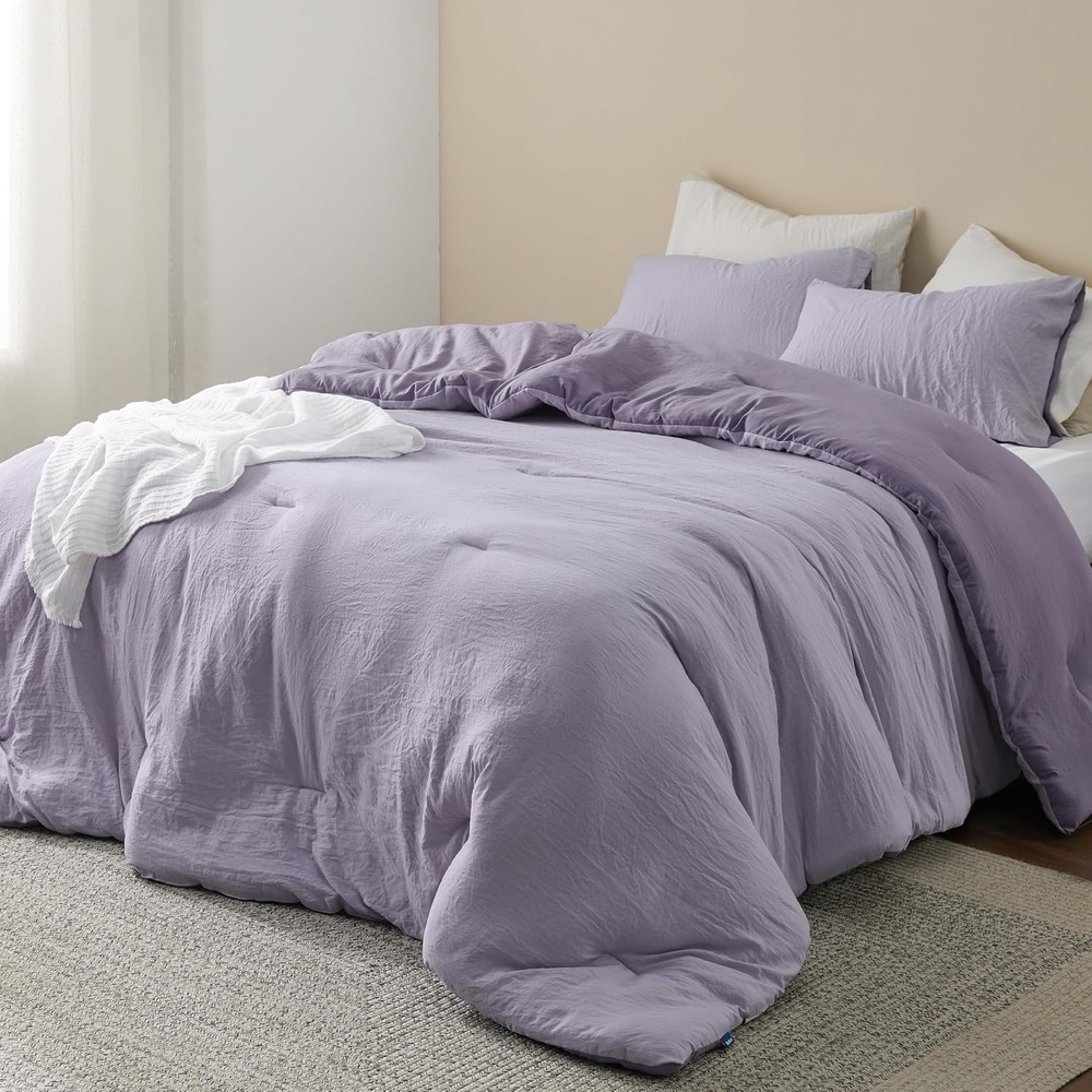 image:imageBedsure Queen Comforter Set Dark Gray Soft Prewashed Bedding for All Seasons 3 Pieces GentleSoft Bed Set 1 Lightweight Comforter 90x90 and 2 Pillowcases 20x2632  Grayish PurpleLavender