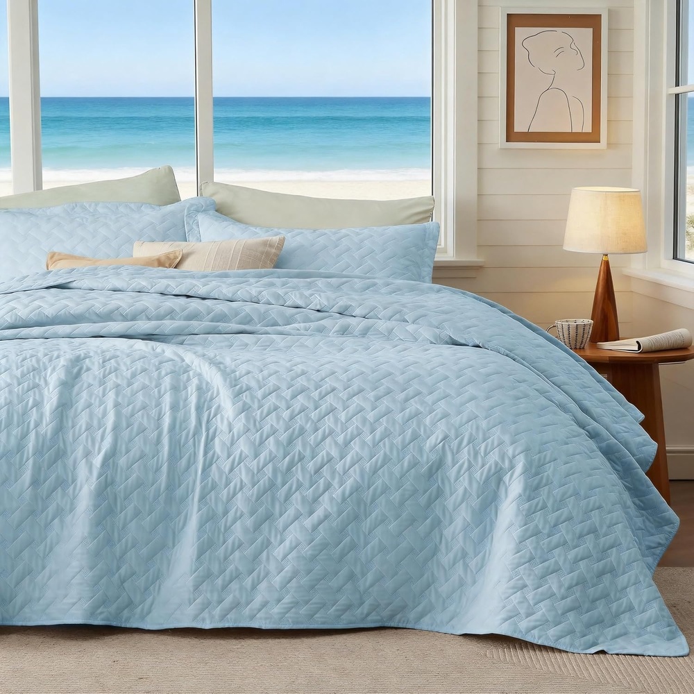image:imageBedsure Queen Size Quilt Lightweight Comforter Set Mineral Blue Bedspread Coverlet Basket Weave AllSeason Comfort SkinFriendly Soft Breathable Machine Washable 90x96 3 Pcs 2 Pillow Shams25 Sky Blue
