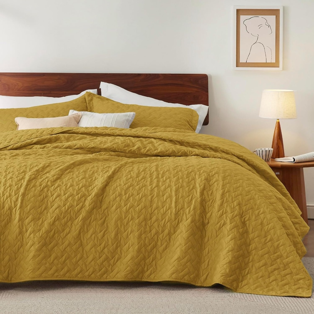 image:imageBedsure Queen Size Quilt Lightweight Comforter Set Mineral Blue Bedspread Coverlet Basket Weave AllSeason Comfort SkinFriendly Soft Breathable Machine Washable 90x96 3 Pcs 2 Pillow Shams26 Mustard Yellow