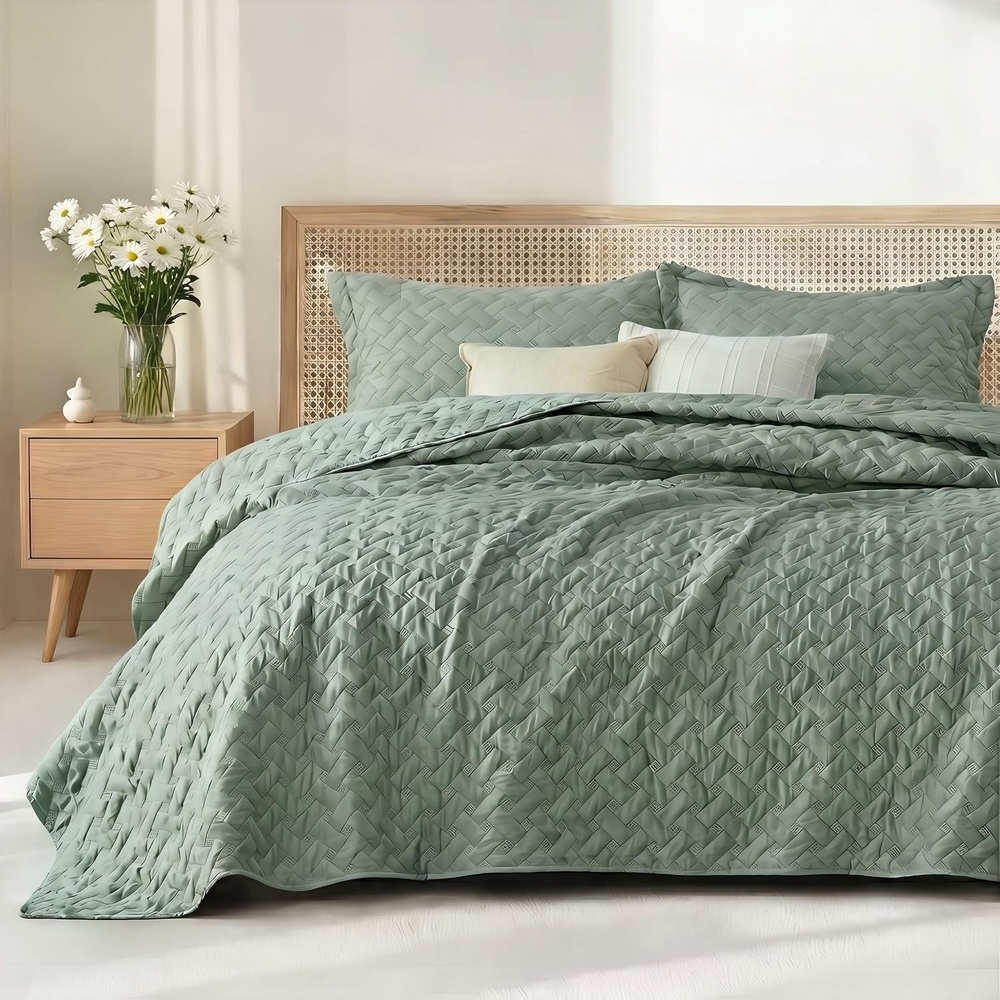 image:imageBedsure Queen Size Quilt Lightweight Comforter Set Mineral Blue Bedspread Coverlet Basket Weave AllSeason Comfort SkinFriendly Soft Breathable Machine Washable 90x96 3 Pcs 2 Pillow Shams08 Sage Green