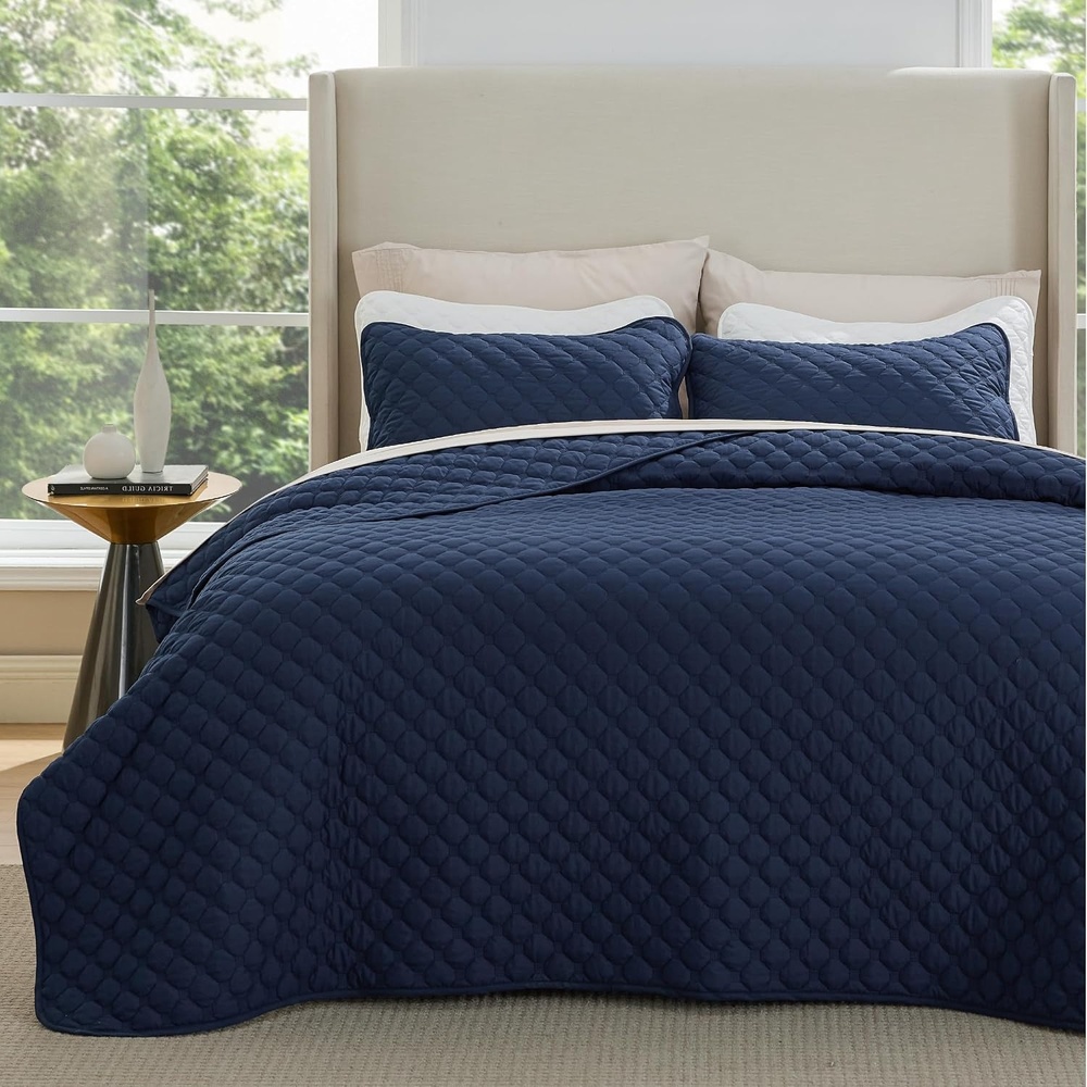 image:imageBedsure Queen Size Quilt Lightweight Comforter Set Mineral Blue Bedspread  Coverlet Basket Weave AllSeason Comfort SkinFriendly Soft Breathable Machine Washable 90x96 3 Pcs 2 Pillow Shams05  Navy Honeycomb