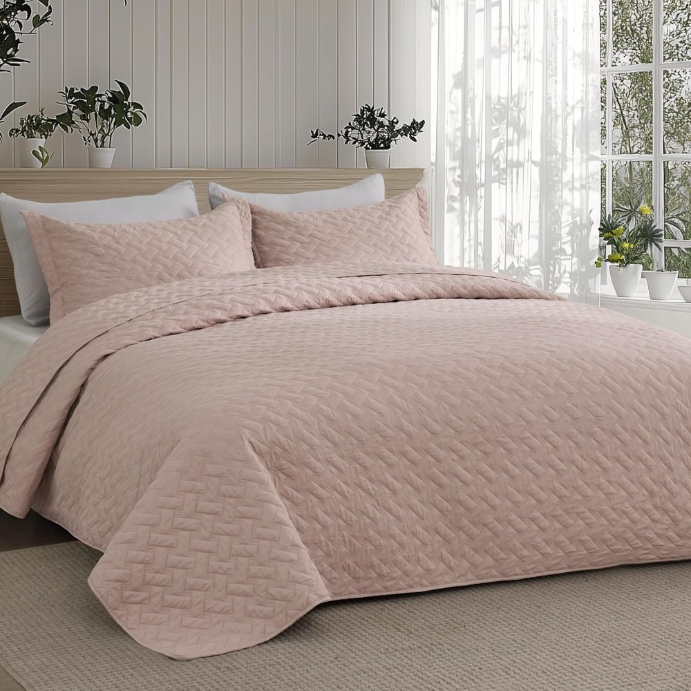 image:imageBedsure Queen Size Quilt Lightweight Comforter Set Mineral Blue Bedspread Coverlet Basket Weave AllSeason Comfort SkinFriendly Soft Breathable Machine Washable 90x96 3 Pcs 2 Pillow Shams23 Dusty Rose