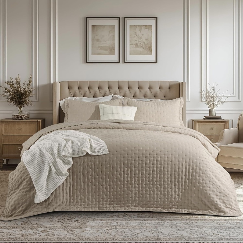 image:imageBedsure Quilts Queen Size Bedspread Thin Comforter Charcoal Coverlet AllSeason Bedding Soft Modern Clover Pattern StitchFree QuiltTech PetFriendly Machine Washable 90x96in 3 Pcs10 Taupe Clover