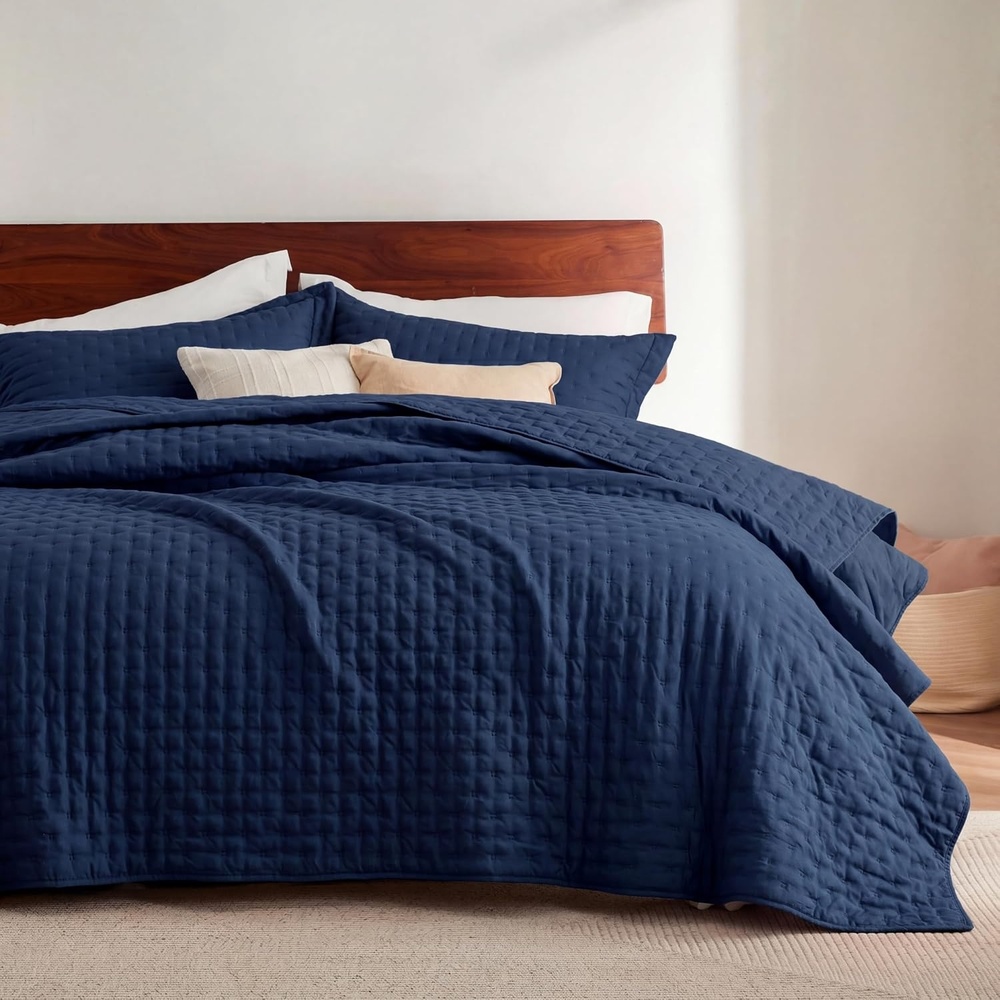 image:imageBedsure Quilts Queen Size Bedspread Thin Comforter Charcoal Coverlet  AllSeason Bedding Soft Modern Clover Pattern StitchFree QuiltTech PetFriendly Machine Washable 90x96in 3 Pcs02  Navy  Clover