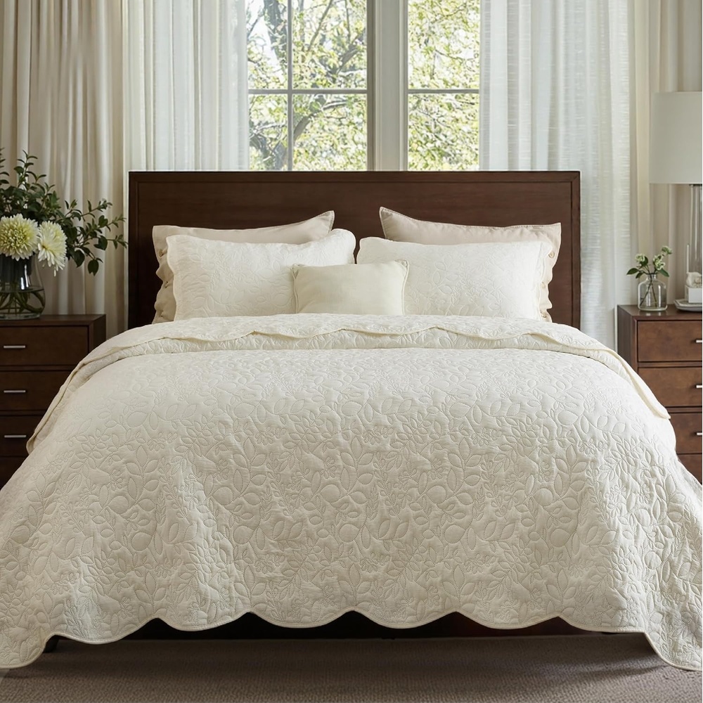 image:imageBedsure Quilts Queen Size Bedspread Thin Comforter Charcoal Coverlet AllSeason Bedding Soft Modern Clover Pattern StitchFree QuiltTech PetFriendly Machine Washable 90x96in 3 Pcs14 Cream Yellow Leaf