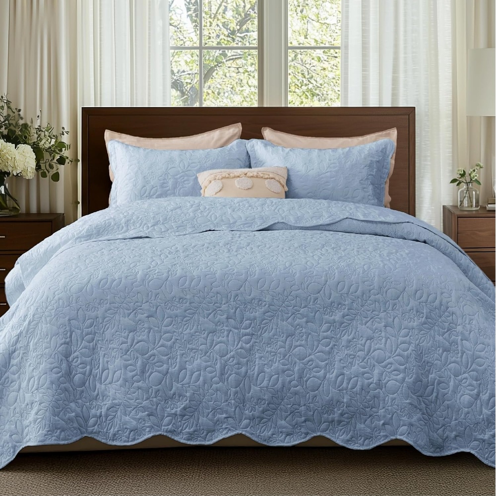 image:imageBedsure Quilts Queen Size Bedspread Thin Comforter Charcoal Coverlet AllSeason Bedding Soft Modern Clover Pattern StitchFree QuiltTech PetFriendly Machine Washable 90x96in 3 Pcs05 Mineral Blue Leaf