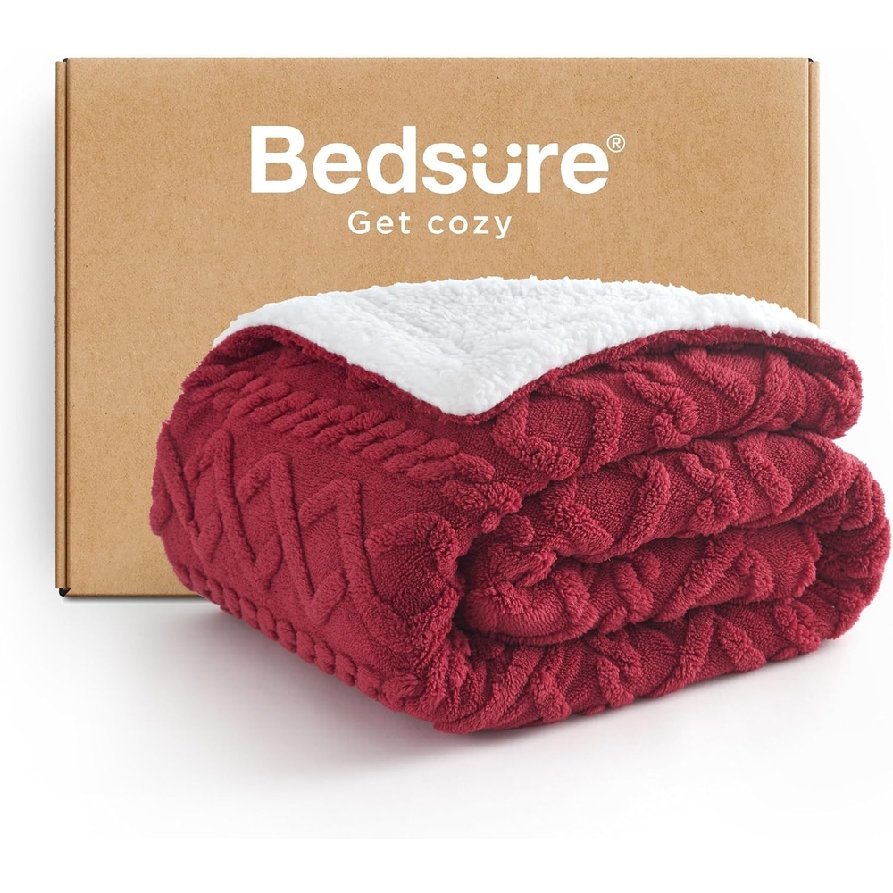 image:imageBedsure Sherpa Fleece Blanket Cable Jacquard Tufted Warm Orange Throw  UltraSoft Cozy Comfort Stylish Home Decor for Fall Thick for Winter Ideal for Couch Sofa Gift for Women 50x60 Inches08  Red